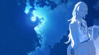 Blue clouds night moon anime girls wallpaper