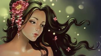 Brunettes women artwork flower in hair wallpaper