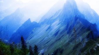 Mountains landscapes snow grass fog plants switzerland wallpaper