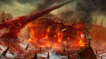 Buildings fantasy art apocalyptic burning wallpaper