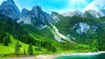 Water mountains forest scenic lakes wallpaper