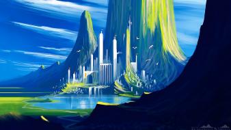 Water paintings landscapes fantasy art digital artwork castle wallpaper