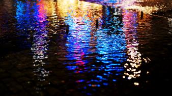 Streets lights wet pavement bokeh reflections wallpaper