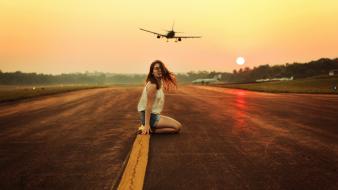 Women sunset landscapes aircraft roads take off runway wallpaper