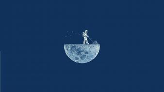 Blue minimalistic moon astronauts lawnmower fun art wallpaper