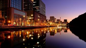 Cityscapes lights buildings rivers reflections wallpaper