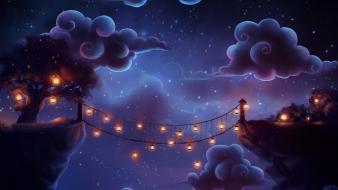Clouds lanterns rope bridge wallpaper