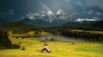Mountains trees forest rainbows lakes wallpaper