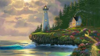 Trees lighthouses artwork skyscapes sea wallpaper