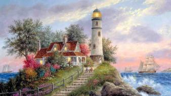 Trees tower houses lighthouses oceans artwork sea wallpaper