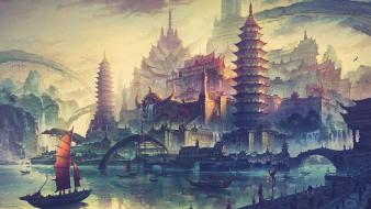 Water cityscapes buildings boats asia digital art cities wallpaper