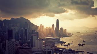 Clouds cityscapes hong kong boats skyscrapers cities wallpaper