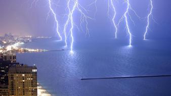 Beach storm buildings lightning bolts cities sea wallpaper