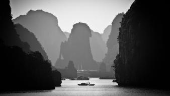 Landscapes boats grayscale wallpaper
