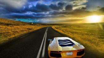 Sunset cars roads lamborghini aventador plain wallpaper