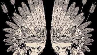 Tattoos skulls head feathers symmetry arrows red man wallpaper