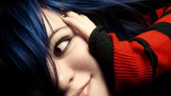 Women blue hair smiling sweater faces