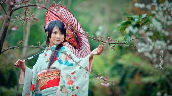 Garden japanese asians umbrellas clothes black hair wallpaper