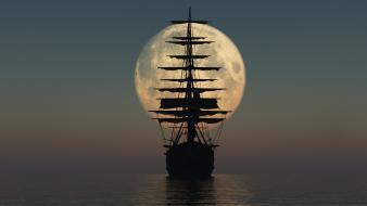 Ocean moon silhouette ships sail ship