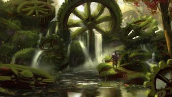 Landscapes forest knights gears moss digital art artwork