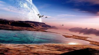 Outer space birds earth lakes wallpaper