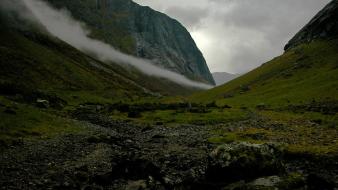Mountains clouds landscapes nature grass fog norway wallpaper
