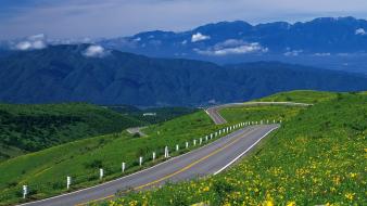 Mountains clouds landscapes nature roads yellow flowers wallpaper
