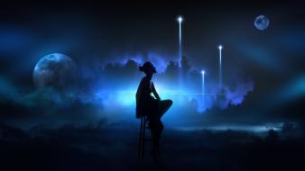 Silhouette fantasy art artwork sitting space stool wallpaper