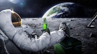 Space earth astronauts relaxing carlsberg moon landing wallpaper