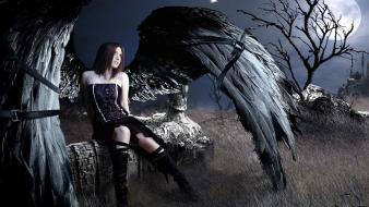 Wings black trees moon grass gothic angel wallpaper
