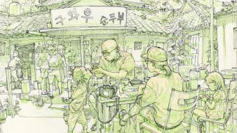 People korean restaurant monochrome artwork drawings kim jung-gi wallpaper