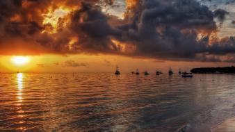 Sunset clouds beach boats wallpaper