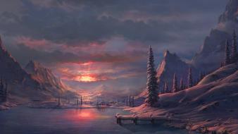 Sunset ice mountains winter snow trees artwork evening wallpaper