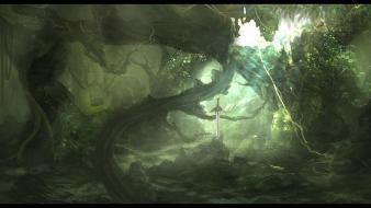 Trees forest sunlight swords sword in the stone wallpaper