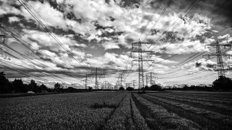 White clouds landscapes germany grayscale power lines wallpaper