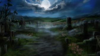 Moon digital art graves nighttime cemetery wallpaper