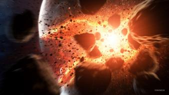 Outer space explosions devastation digital art asteroids wallpaper