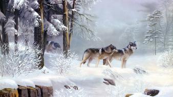 Winter snow animals wolves wallpaper