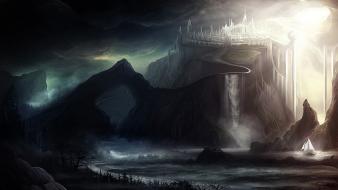 Mountains castles fantasy art digital wallpaper