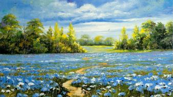 Paintings landscapes fields blue flowers wallpaper