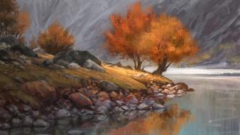 Paintings landscapes nature trees autumn (season) shore lakes wallpaper