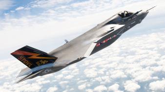 Clouds aircraft flying f-35 lightning ii skyscapes jet wallpaper