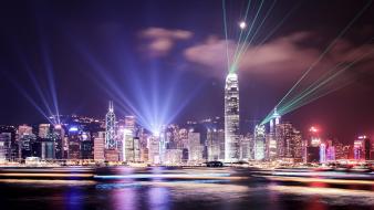 Lights hong kong city skyline citynight light beams wallpaper