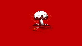 Minimalistic funny typography nuclear explosions red background shrooms wallpaper
