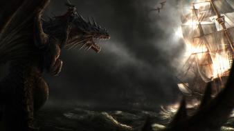 Ocean dark dragons ships fantasy art wallpaper