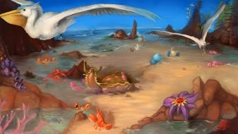 Pokemon landscapes beach sand rocks lapras starmie birds wallpaper