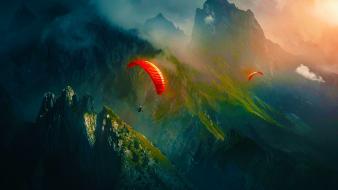 Mountains landscapes pilot fantasy art parachuting landscape wallpaper