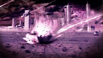Explosions purple impact meteorite cities meteor shower wallpaper