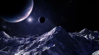 Mountains outer space stars planets fantasy art digital wallpaper