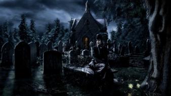 Trees dark night gothic graves cemetery wallpaper